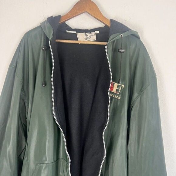 Vintage 90s Zip Up Raincoat San Francisco Embroidered Mens Fleece Lined Green M - Picture 3 of 12